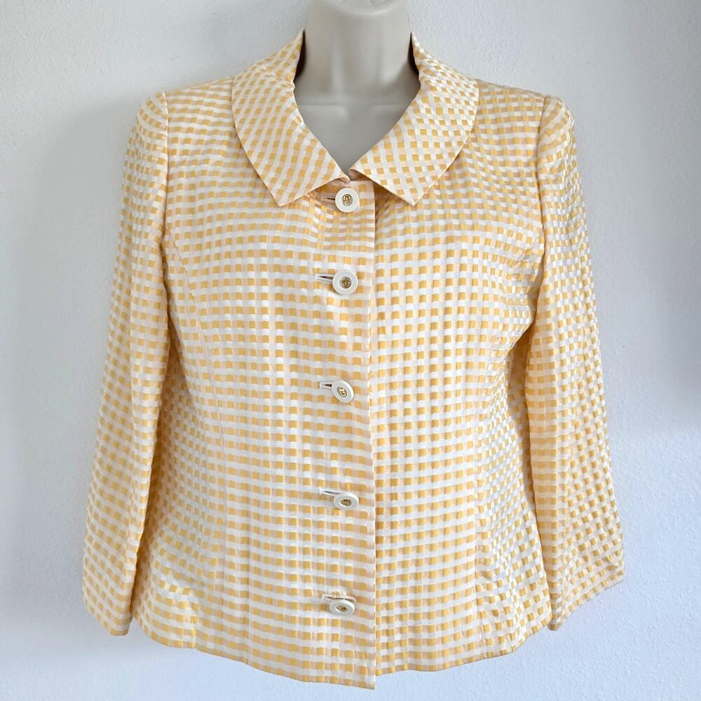 Guy Laroche Paris Silk Gingham Checked Jacket Blazer Yellow SZ-38 Made in Japan